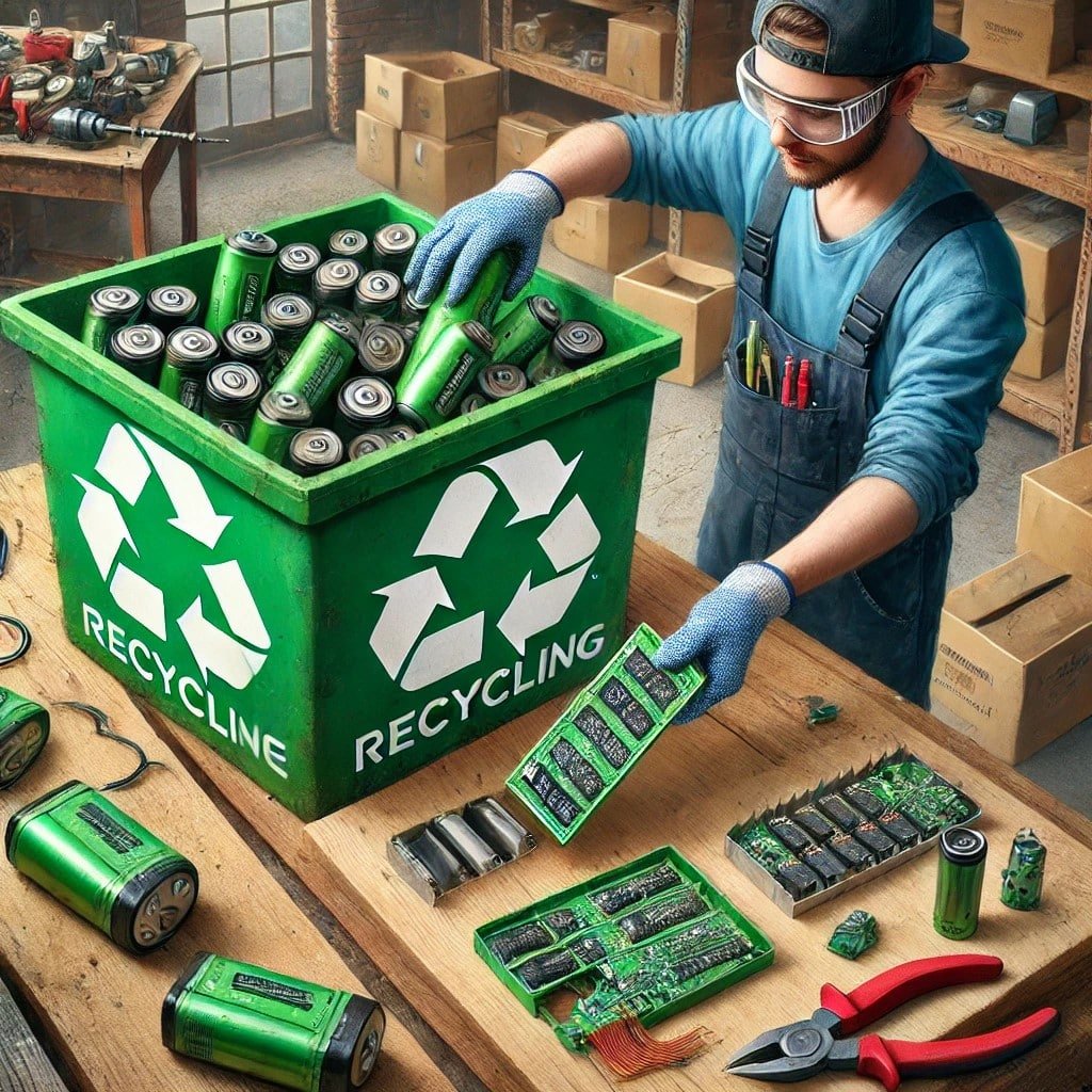 In a workshop environment, here's the image that displays the old Ryobi battery's recycling process.